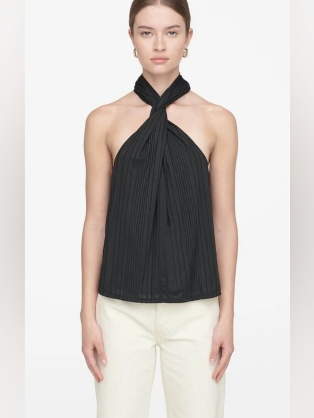 NWT Anine Bing Agnes Top Twist Front Halter Ribbed Black Top Size S Retail 180$